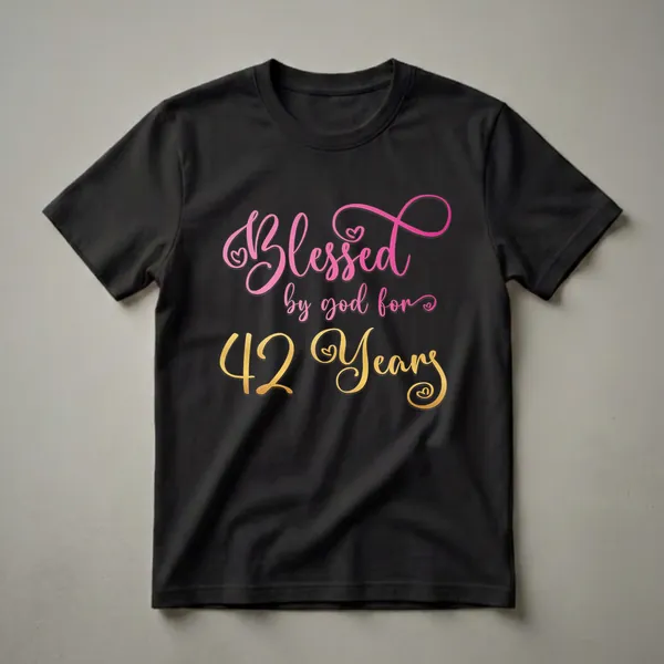 Black t-shirt with pink and gold script text that reads 'Blessed By God For 42 Years', celebrating a 42nd birthday.