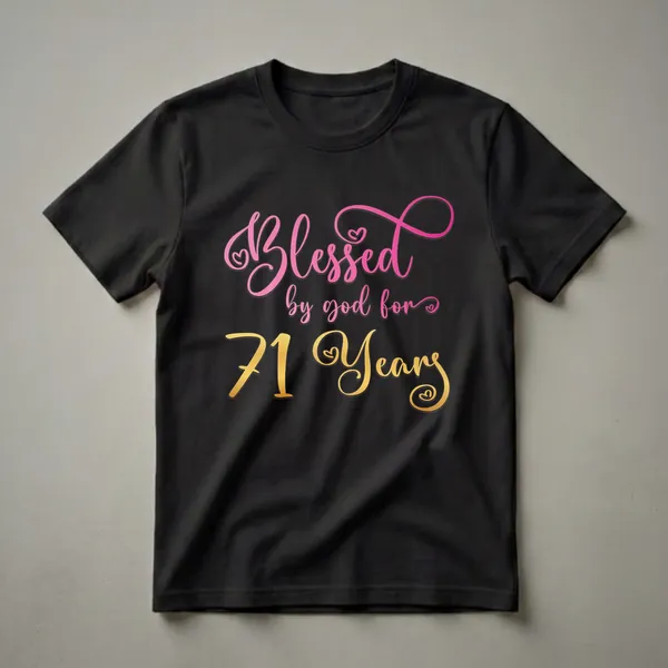 Black t-shirt with "Blessed By God For 71 Years" text in pink and gold gradient script, featuring small heart accents.
