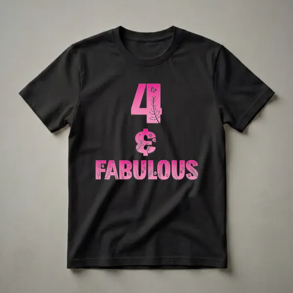 Pink gradient graphic t-shirt for girls featuring the number '4' and the word 'FABULOUS', decorated with floral branches and butterflies.