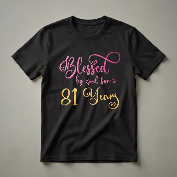 Black t-shirt with pink and gold script text that reads 'Blessed by God for 81 Years', celebrating an 81st birthday.