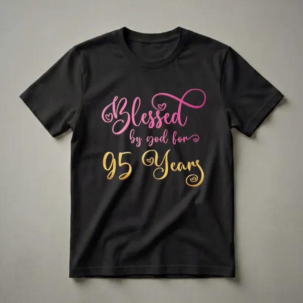 Black t-shirt with pink and gold script text that reads 'Blessed by God for 95 Years', celebrating a 95th birthday.