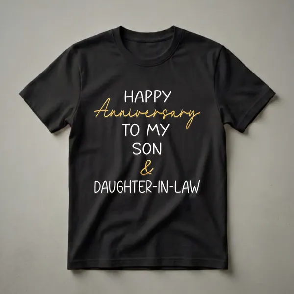 Black t-shirt with white and gold text that reads 'HAPPY ANNIVERSARY TO MY SON & DAUGHTER-IN-LAW'.