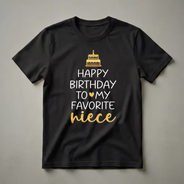 Black t-shirt with white and gold text that reads 'Happy Birthday To My Favorite Niece', featuring a golden birthday cake and a golden heart.