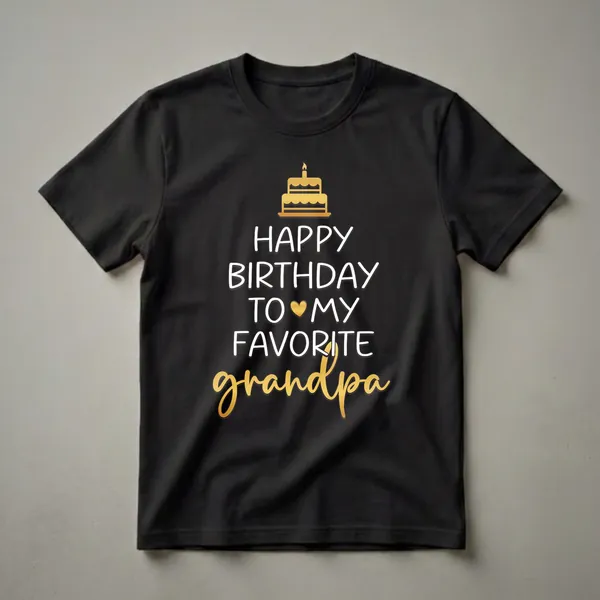 Black t-shirt with white text 'HAPPY BIRTHDAY TO MY FAVORITE' and gold script text 'grandpa', topped with a golden birthday cake graphic.