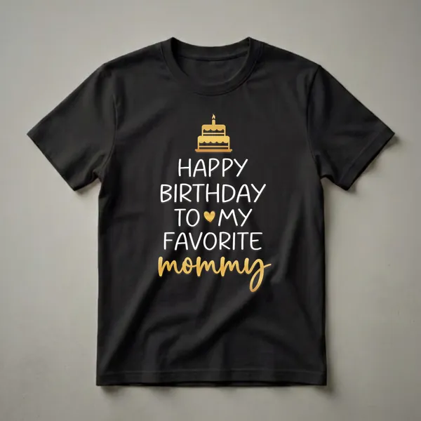 Black t-shirt with white text that reads 'HAPPY BIRTHDAY TO MY FAVORITE MOMMY' in a golden script, featuring a golden birthday cake with a candle and a golden heart.