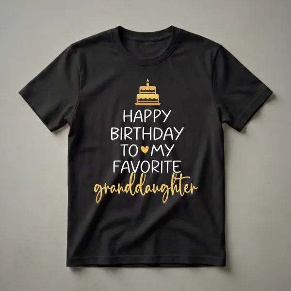 Black t-shirt with a golden birthday cake graphic and white and gold text that reads 'Happy Birthday To My Favorite Granddaughter'.