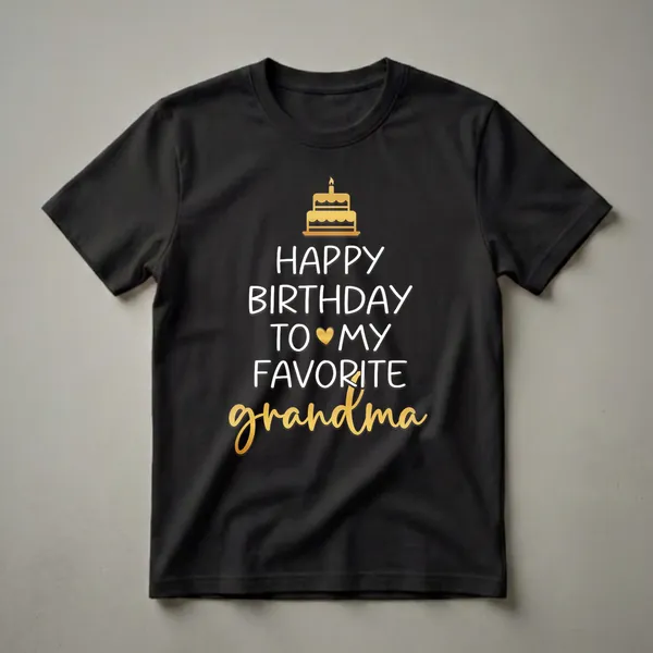 Black t-shirt with white text that reads 'Happy Birthday To My Favorite Grandma' and a golden birthday cake illustration at the top.