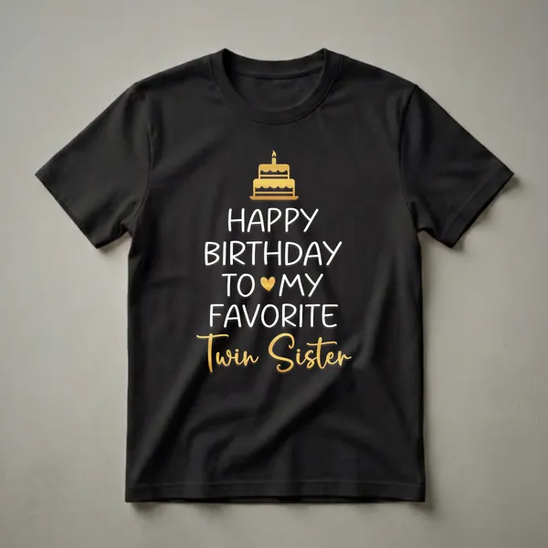 Black t-shirt with a golden birthday cake graphic and white and gold text that reads "Happy Birthday To My Favorite Twin Sister".