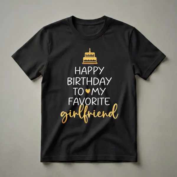 Black t-shirt with white and gold text that reads 'Happy Birthday To My Favorite Girlfriend' and a gold birthday cake illustration.