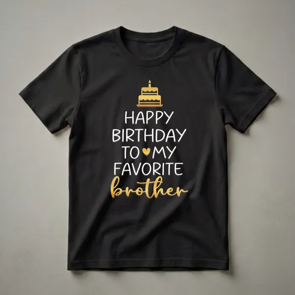 Black t-shirt with white text that reads "Happy Birthday To My Favorite Brother" and a golden birthday cake illustration at the top.