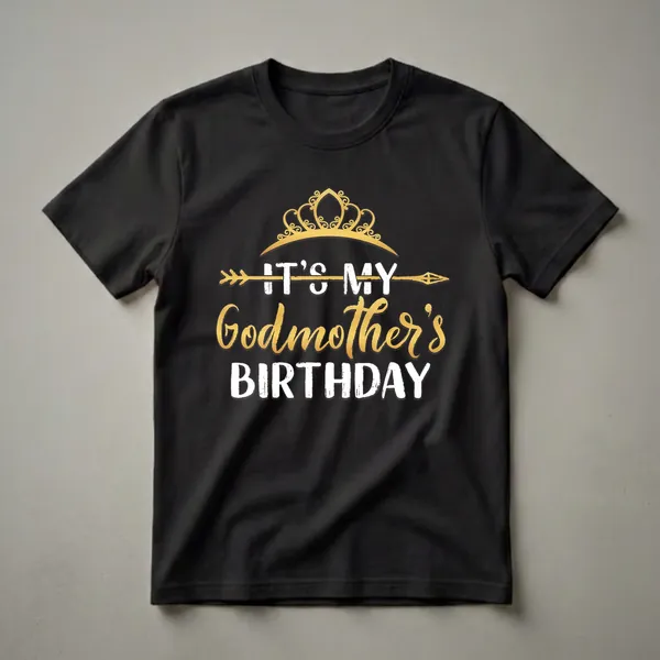 Black t-shirt with a gold crown graphic and white and gold text that reads 'IT'S MY Godmother's BIRTHDAY'.