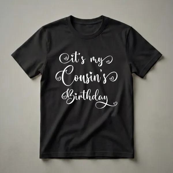 Black t-shirt with white cursive text that reads 'It's My Cousin's Birthday' with small heart accents.