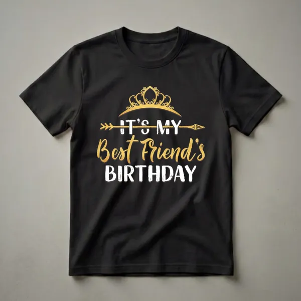 Black t-shirt with a golden crown and arrow graphic, and white and gold text that reads 'IT'S MY Best Friend's BIRTHDAY'.