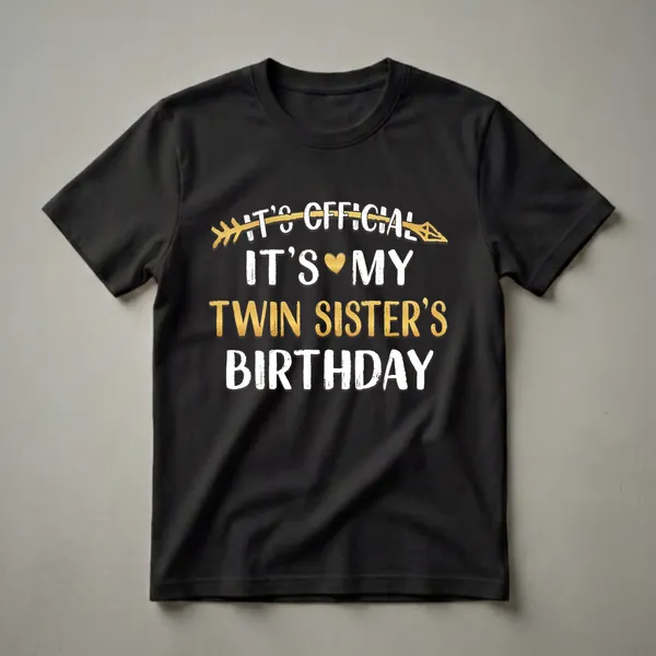 Black t-shirt with white and gold text that reads 'It's Official It's My Twin Sister's Birthday', featuring a gold arrow and a gold heart.