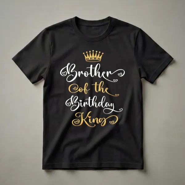 Black t-shirt with white and gold script text that reads 'Brother Of The Birthday King' and a gold crown graphic above the text.