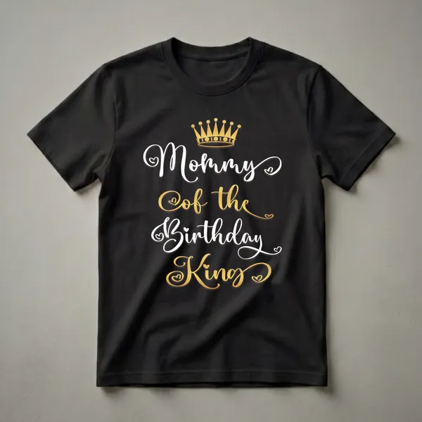 Black t-shirt with white and gold text that reads 'Mommy Of The Birthday King' and a golden crown graphic.