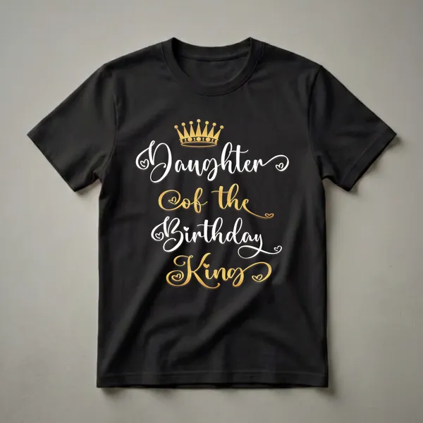 Black t-shirt with white and gold text that reads 'Daughter of the Birthday King' and a golden crown graphic above the text.