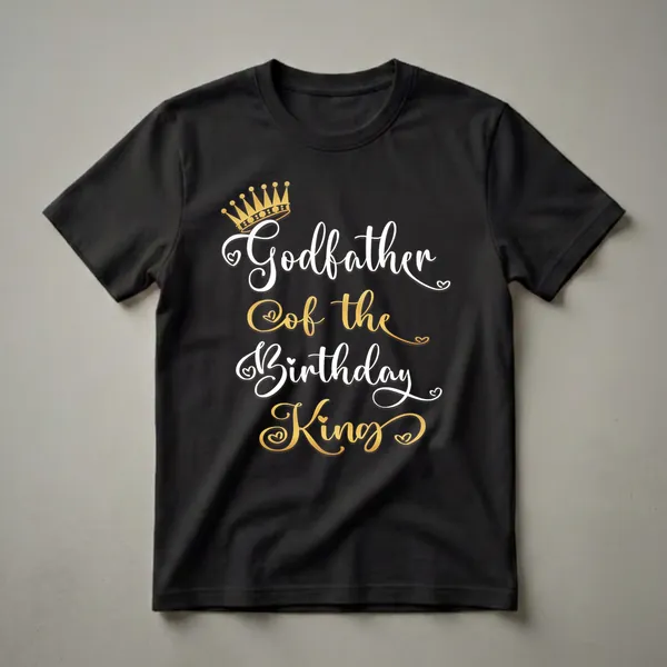 Black t-shirt with a golden crown and white and gold text that reads 'Godfather Of The Birthday King'.