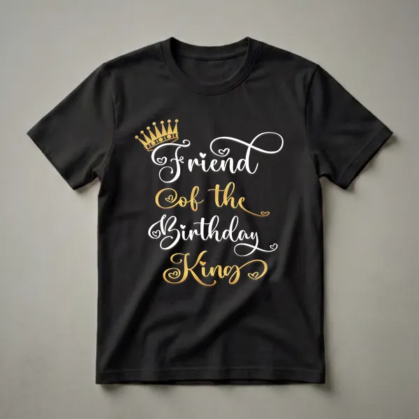 Black t-shirt with white and gold script text reading 'Friend Of The Birthday King' and a gold crown graphic at the top.