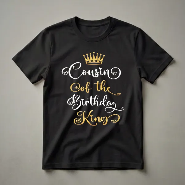 Black t-shirt with white and gold script text that reads 'Cousin Of The Birthday King' and a golden crown graphic.
