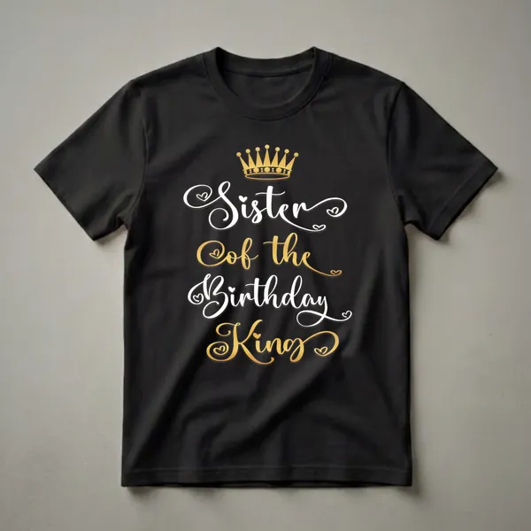Black t-shirt with white and gold text that reads 'Sister of the Birthday King' and a gold crown graphic above.