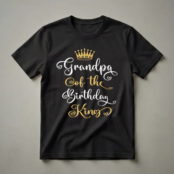 Black t-shirt with white and gold script text reading 'Grandpa Of The Birthday King' and a gold crown graphic above the text.