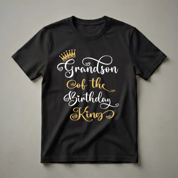 Black t-shirt with white and gold text that reads 'Grandson of the Birthday King' and a golden crown graphic.