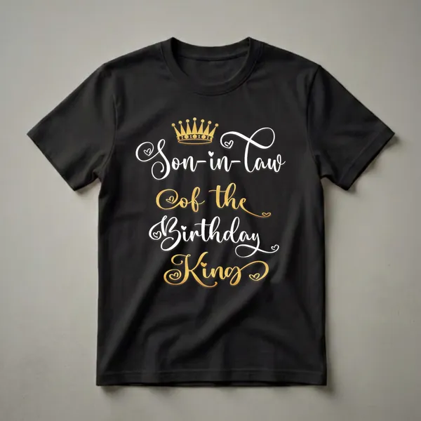 Black t-shirt with white and gold text that reads 'Son-in-law Of the Birthday King' and a golden crown graphic.