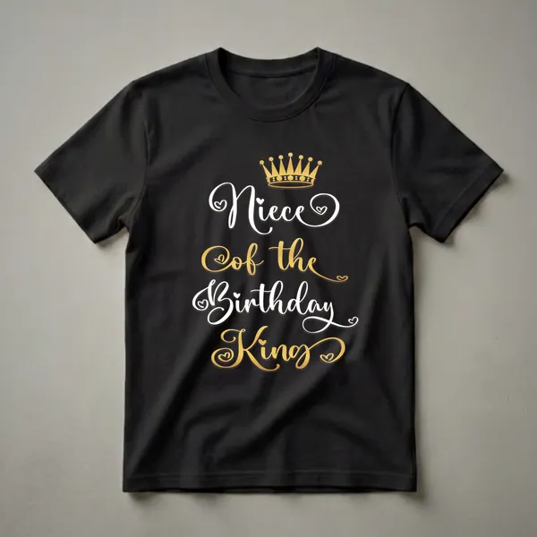 Black t-shirt with white and gold script text reading 'Niece Of The Birthday King' and a golden crown graphic above the text.