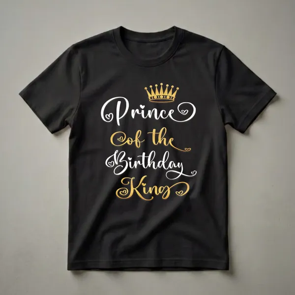 Black t-shirt with white and gold text that reads 'Prince Of The Birthday King' and a golden crown graphic.