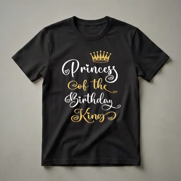 Black t-shirt graphic with white and gold script text reading 'Princess Of The Birthday King' and a golden crown.