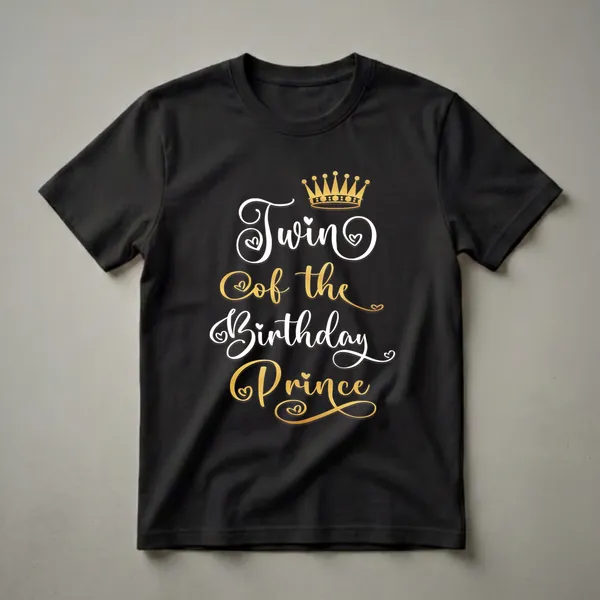 Black t-shirt with white and gold script text that reads 'Twin Of The Birthday Prince' and a golden crown graphic.