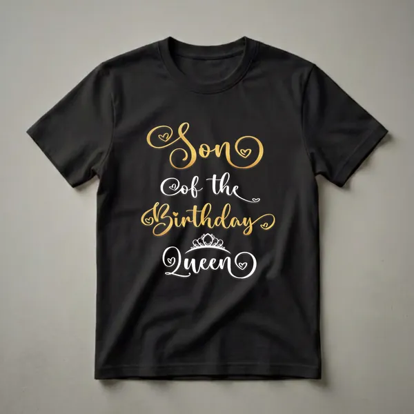 Black t-shirt with gold and white text that reads 'Son Of The Birthday Queen' with a decorative crown above 'Queen'.