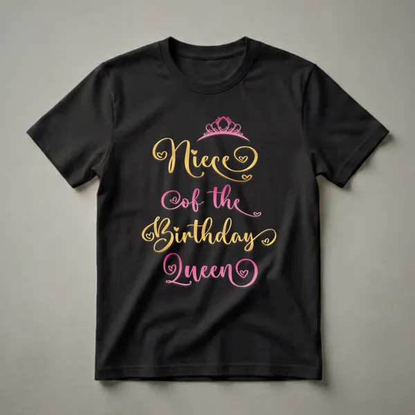Black t-shirt with pink crown and gold and pink cursive text reading 'Niece of the Birthday Queen'.