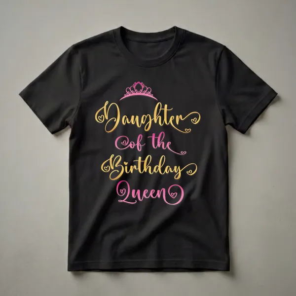 Black t-shirt with pink crown and the words 'Daughter of the Birthday Queen' in gold and pink script, signifying a family birthday celebration.