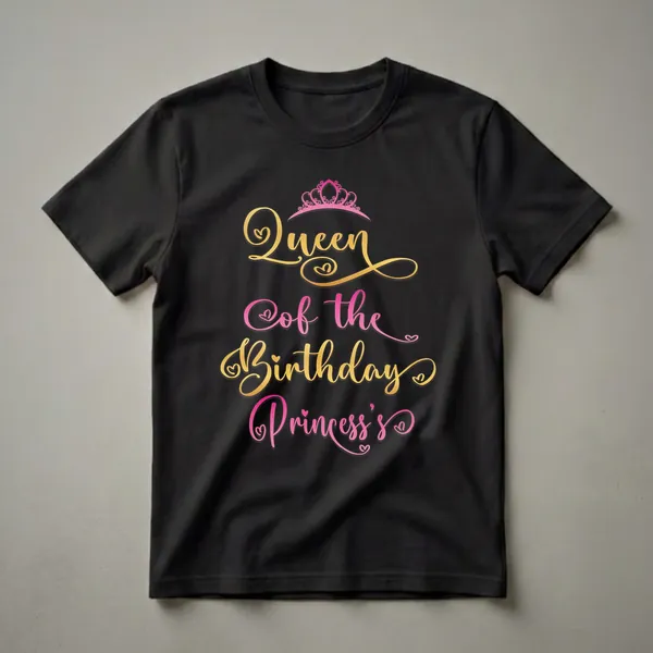 Black t-shirt with gold and pink script text that reads 'Queen of the Birthday Princess' and a pink crown graphic.