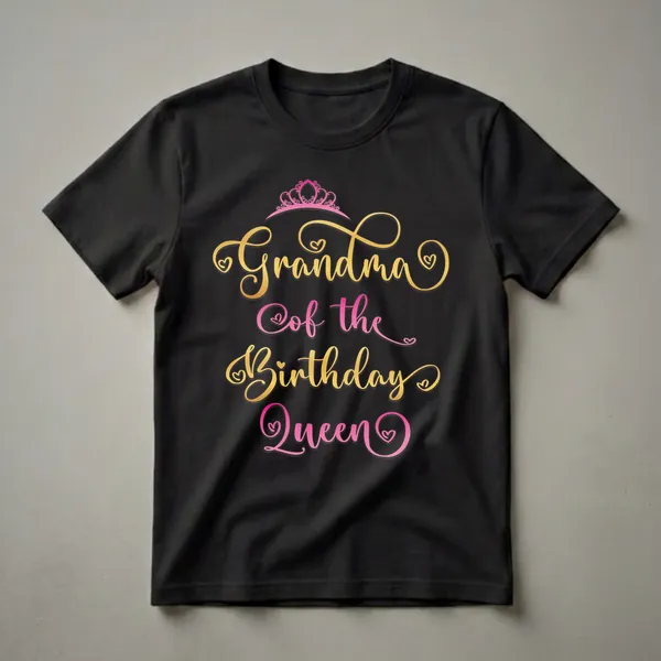 Black t-shirt with gold and pink text that reads 'Grandma Of The Birthday Queen' and a pink crown graphic.