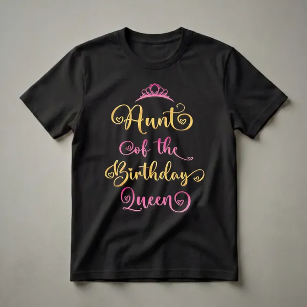 Black t-shirt with the text 'Aunt of the Birthday Queen' in gold and pink script fonts, topped with a pink crown.