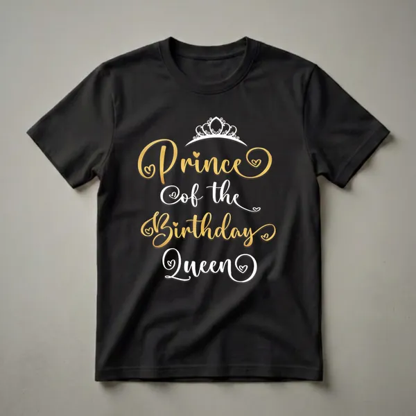 Black t-shirt with gold and white script text that reads 'Prince Of The Birthday Queen' and a white crown graphic.