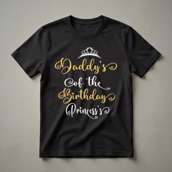 Black t-shirt with gold and white text that reads 'Daddy's Of the Birthday Princess' and a white crown graphic.