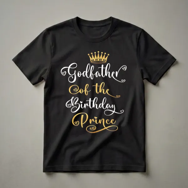 Black t-shirt with white and gold script text that reads 'Godfather Of The Birthday Prince' and a golden crown graphic above the text.