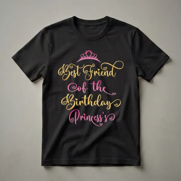 Black t-shirt with gold and pink script text that reads 'Best Friend Of The Birthday Princess' and a pink tiara graphic at the top.