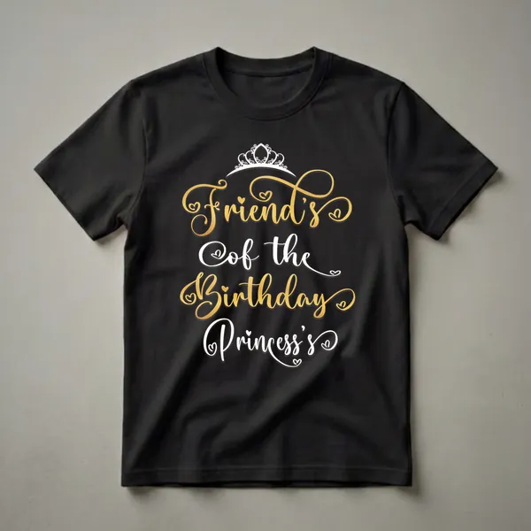 Black t-shirt with gold and white script text reading 'Friend's of the Birthday Princess's' and a white crown graphic above the text.