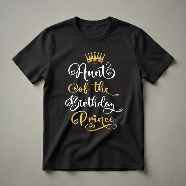 Black t-shirt with white and gold cursive text reading 'Aunt of the Birthday Prince' and a golden crown graphic with heart accents.