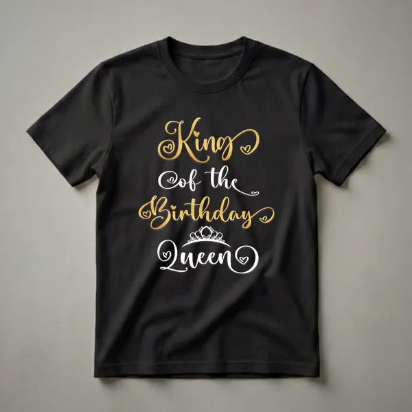 Black t-shirt with gold and white text that reads 'King Of The Birthday Queen' with a decorative crown graphic above 'Queen'.