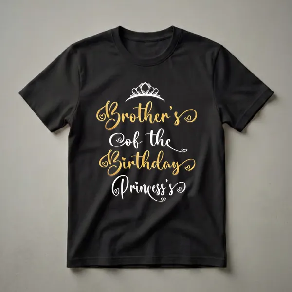 Black t-shirt with gold and white text that reads 'Brother's of the Birthday Princess's' and a white crown graphic.