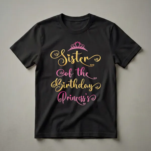 Black t-shirt with pink crown and gold and pink script text reading 'Sister of the Birthday Princess's'.