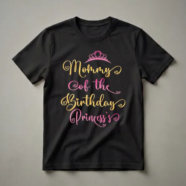 Black t-shirt with gold and pink cursive text that reads 'Mommy Of The Birthday Princess's' and a pink tiara graphic.
