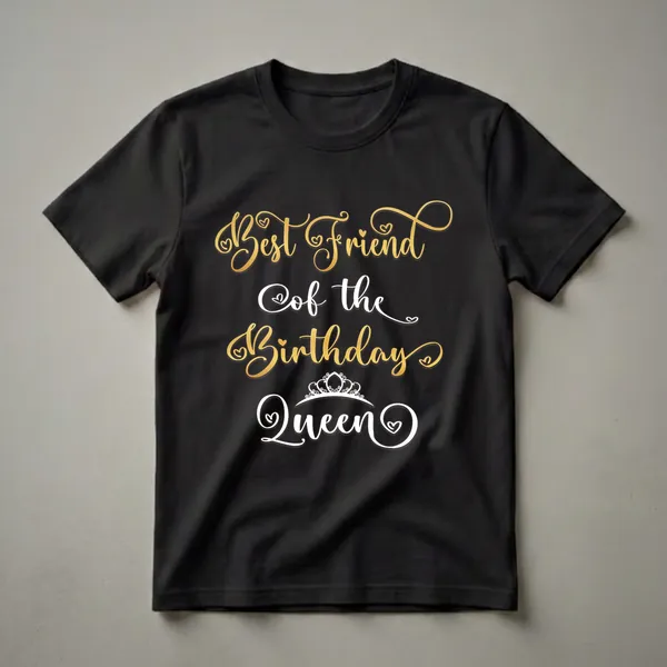 Black t-shirt with gold and white script text reading 'Best Friend Of The Birthday Queen' and a white crown graphic.