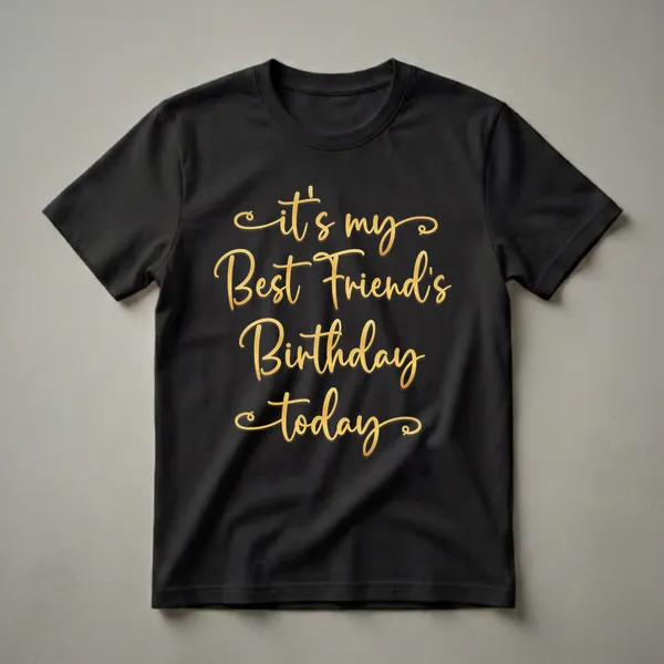 Black t-shirt with gold script text that reads 'it's my Best Friend's Birthday today'.